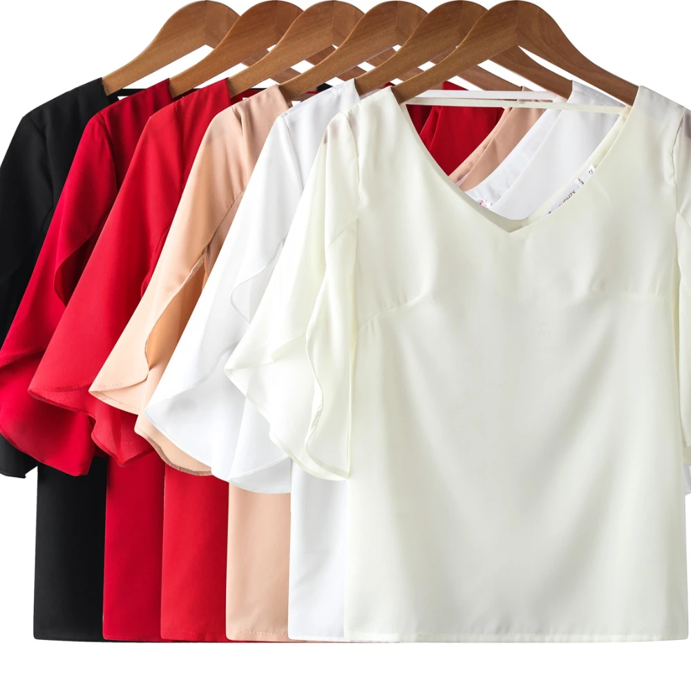 Zomerse nieuwe casual dames chiffon blouse met lotusbladmouwen