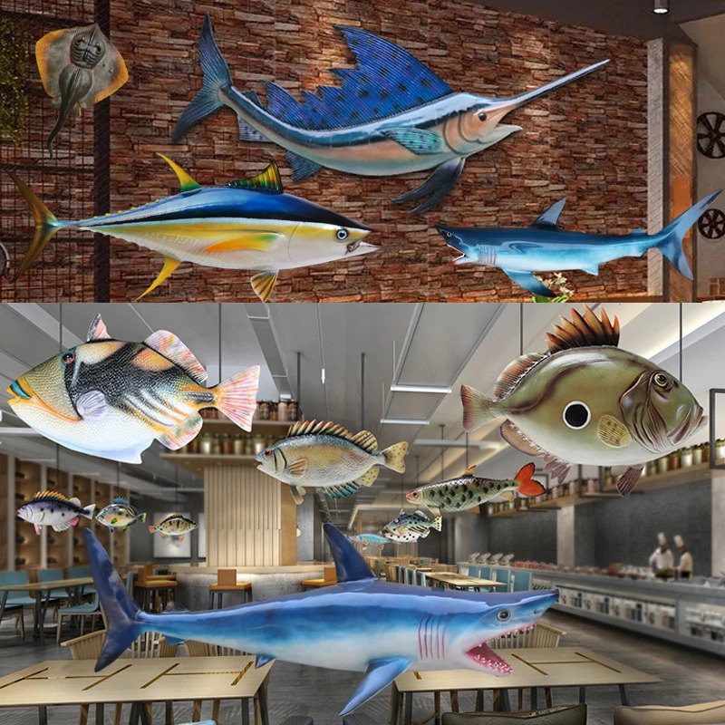 Large Realistic Swordfish Salmon Sailfish Shark Tuna Model Hanging Sculpture, Aquarium Restaurant Marine Decor Ornament