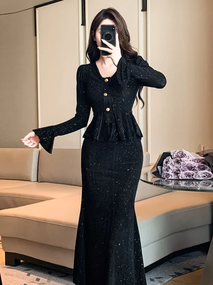 Autumn Ruffles Two Piece Skirt Set Women Elegant V-neck Single Breasted Short Top+Mermaid Slim Bodycon Midi Skirt Suits Fashion