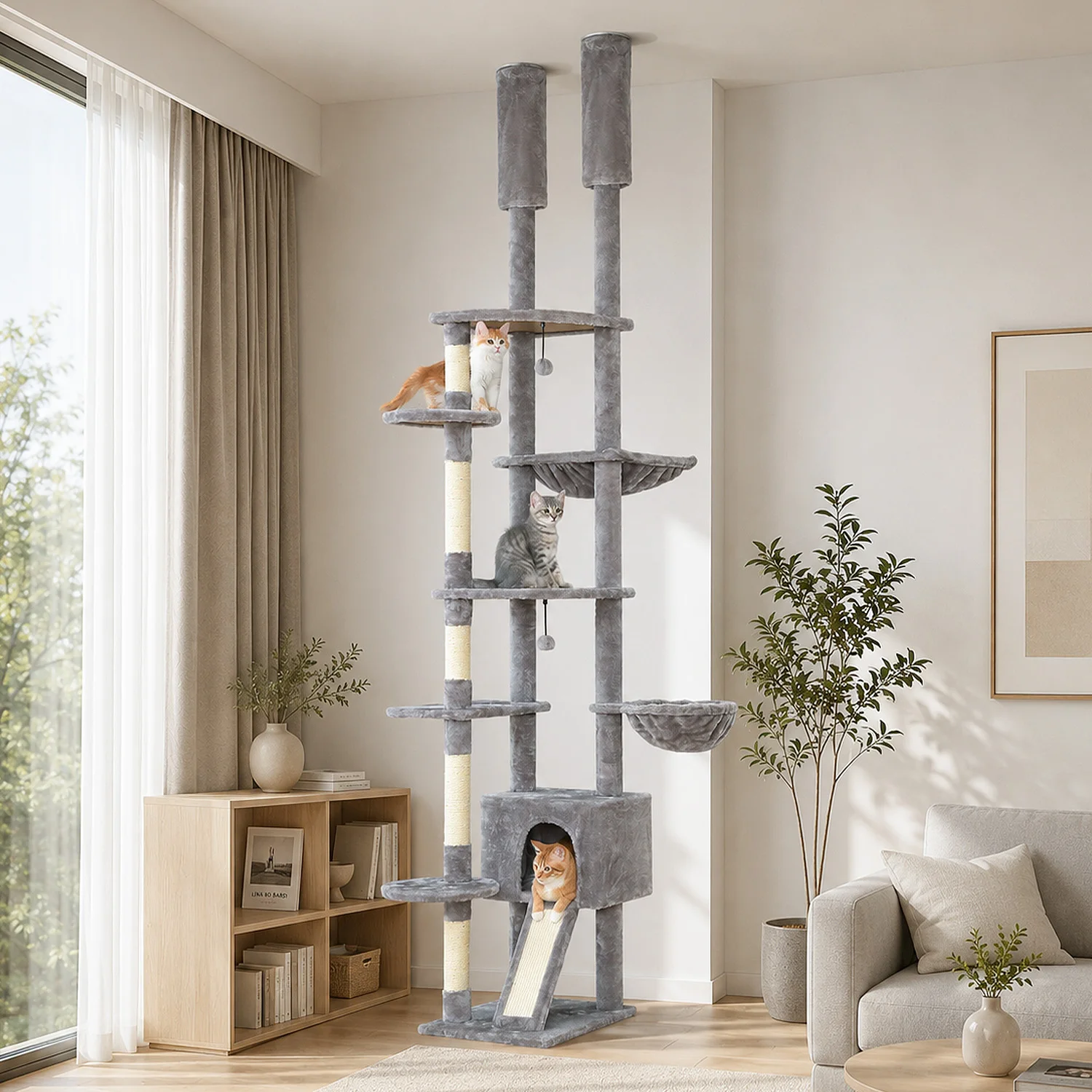 Leopard Print Adjustable Height Cat Tree for Indoor, Floor to Ceiling Cat Tower with Scratching Posts, Cat Condo, Hammock and Dangling Balls