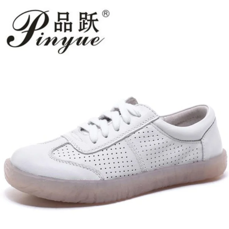 

Genuine Leather ladies flats sneakers shoe Women casual shoes female Hollow moccasins White Lace up Boat shoes 35-41