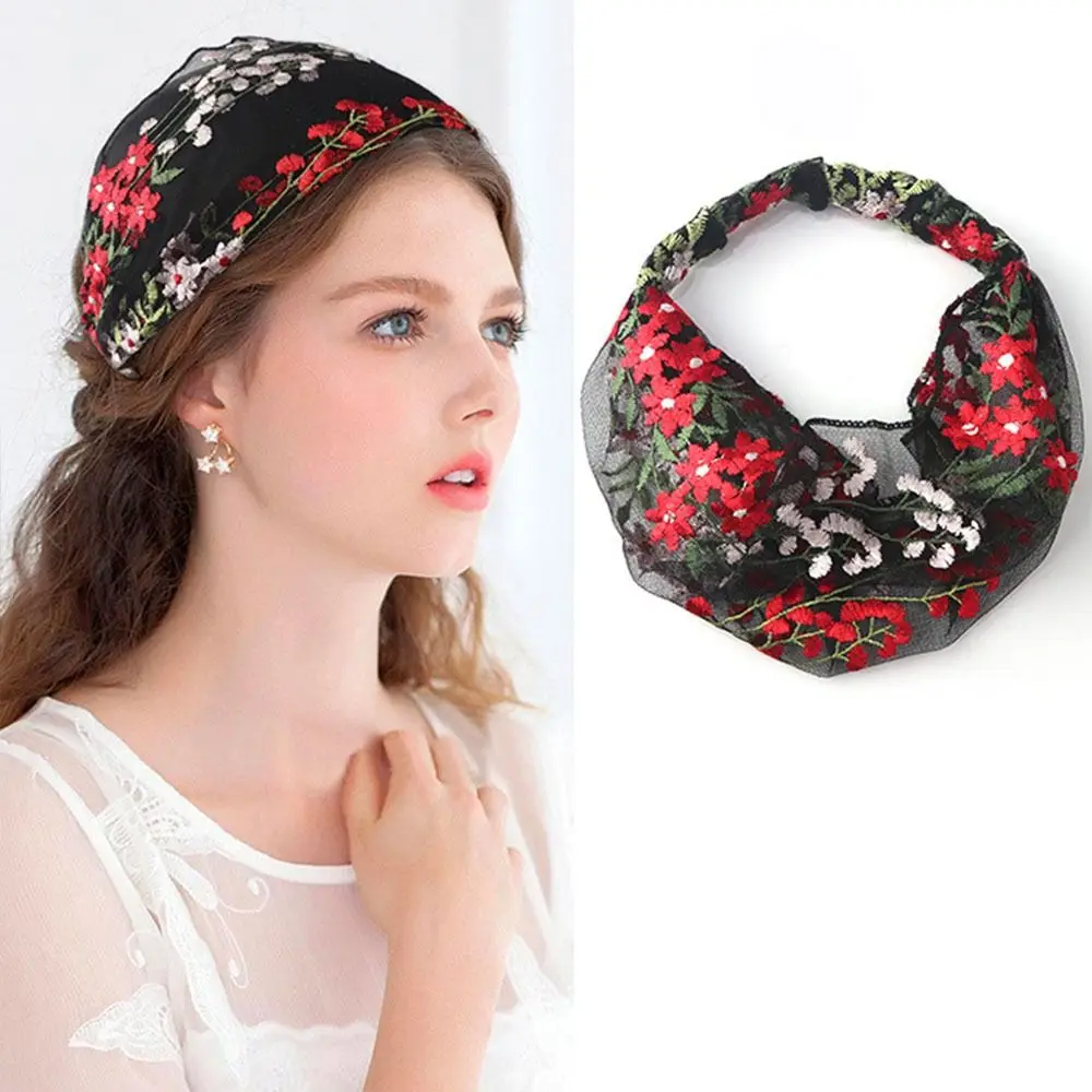 Thin Embroidered Headscarf Creative Wide Edge Hair Cover Lace Headwear Multicolor Floral Flower Pattern Headband Summer