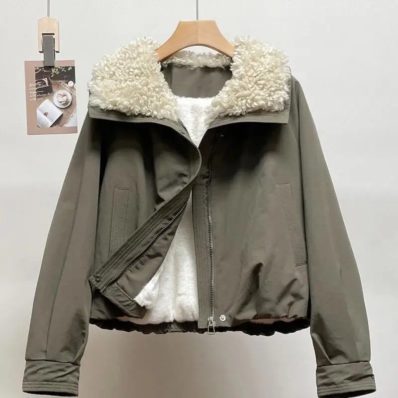 

Женская стеганая куртка на осень и зиму из овечьей шерсти с воротником из искусственного меха на флисовой подкладке, толстая короткая куртка, женская свободная парка, пальто, топы