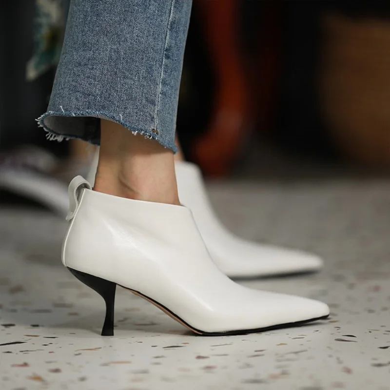 Size 43 Ankle Boots Modern Lady Shoes Kitten Heel Cowhide Winter Boots European Sexy Women Shoes Pointed Toe Female White Shoes