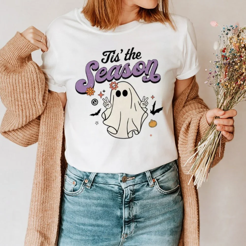 Harajuku Cute 90s New Trend Short Sleeve Printed Ghost Pattern Women's Top Fashion T-Shirt Travel Round Neck Basic T-Shirt