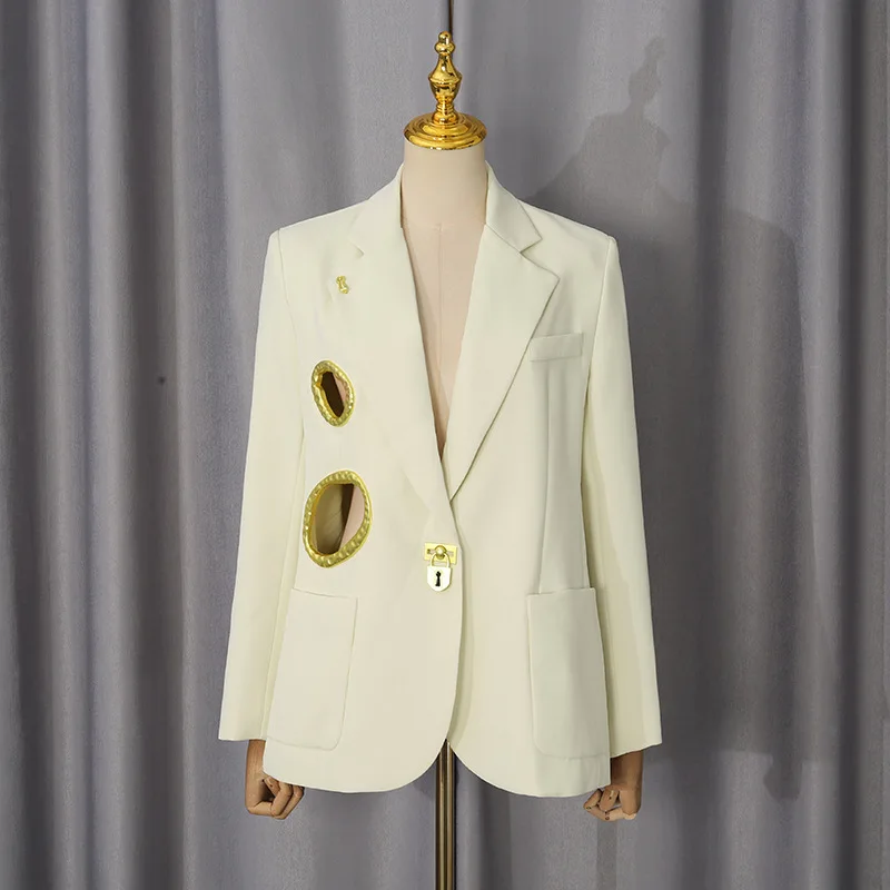 Hollow Out High Street Blazers for Women Notched Collar Long Sleeve Spliced Metal Buckle Blazer Female Fashion New