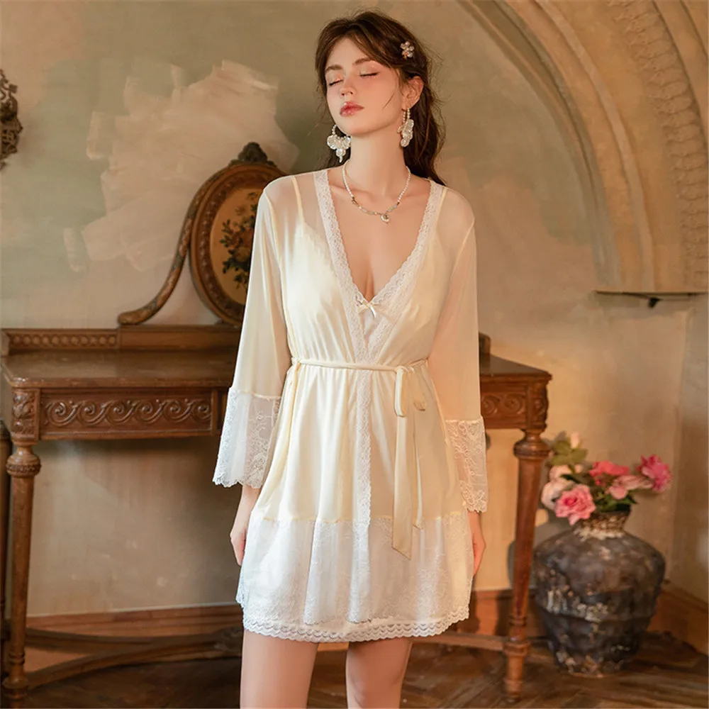 

Женский комплект из 2 предметов: сетчатый халат и атласная ночная сорочка с жаккардовым узором, на бретельках, с открытой спиной, элегантное домашнее платье для сна и отдыха