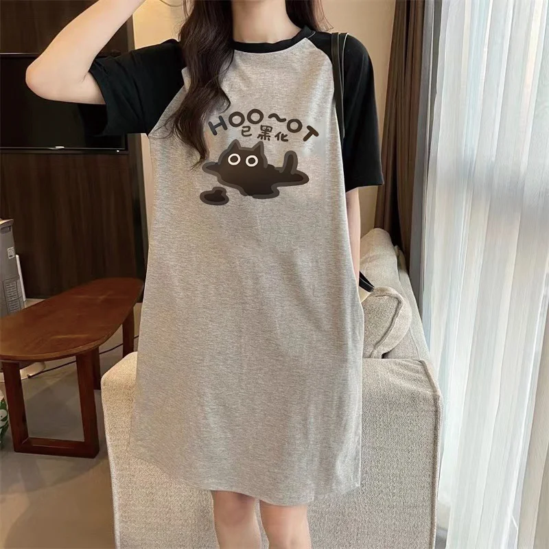Sommer Japanische Beliebte Cartoon Nettes Kätzchen Lose Rundhals Kurzarm Kleid frauen Tragen