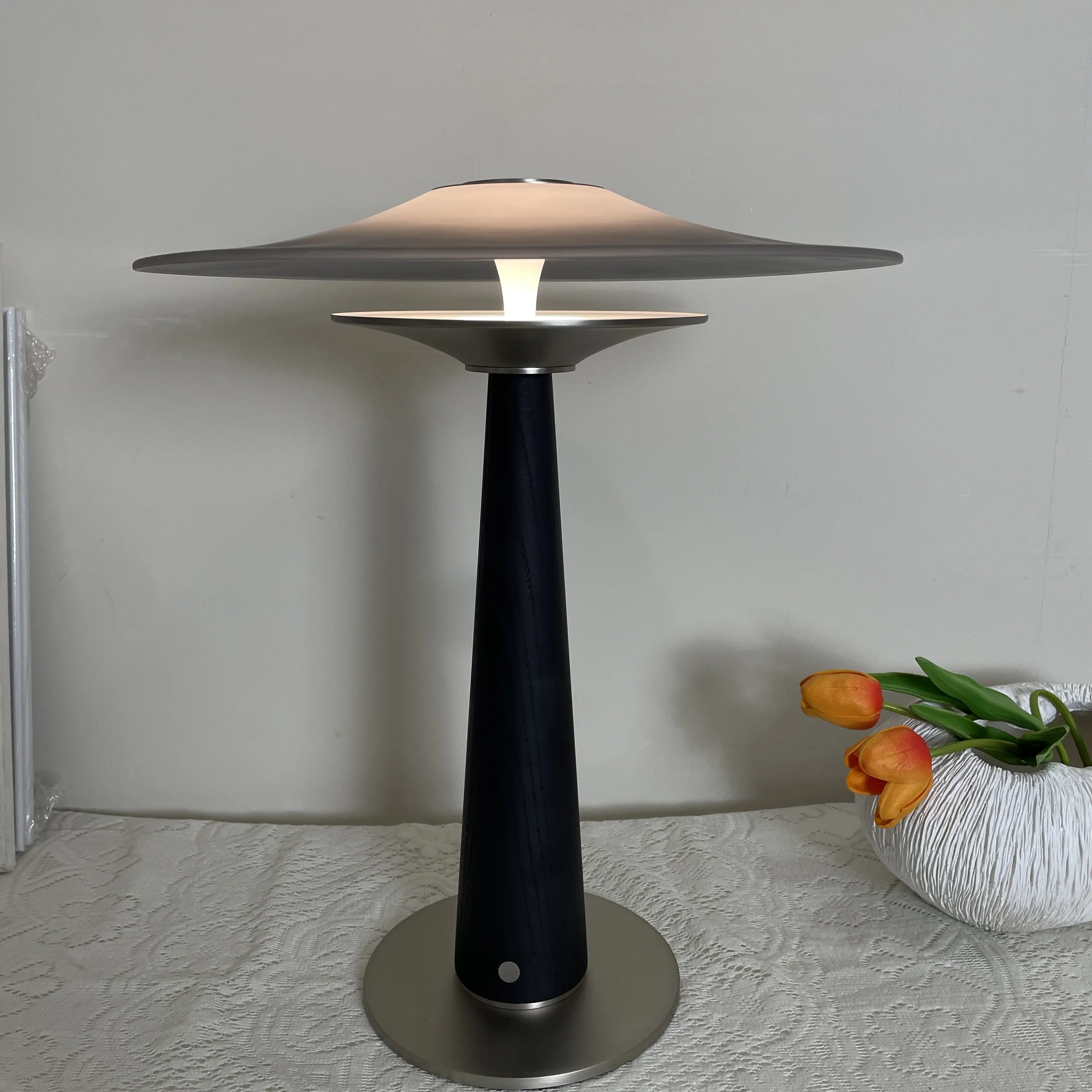 Nordic Modern Luxury Minimalist Marble and Cloth Flying Saucer Decorative LED Dimmable Warm White Table Lamp