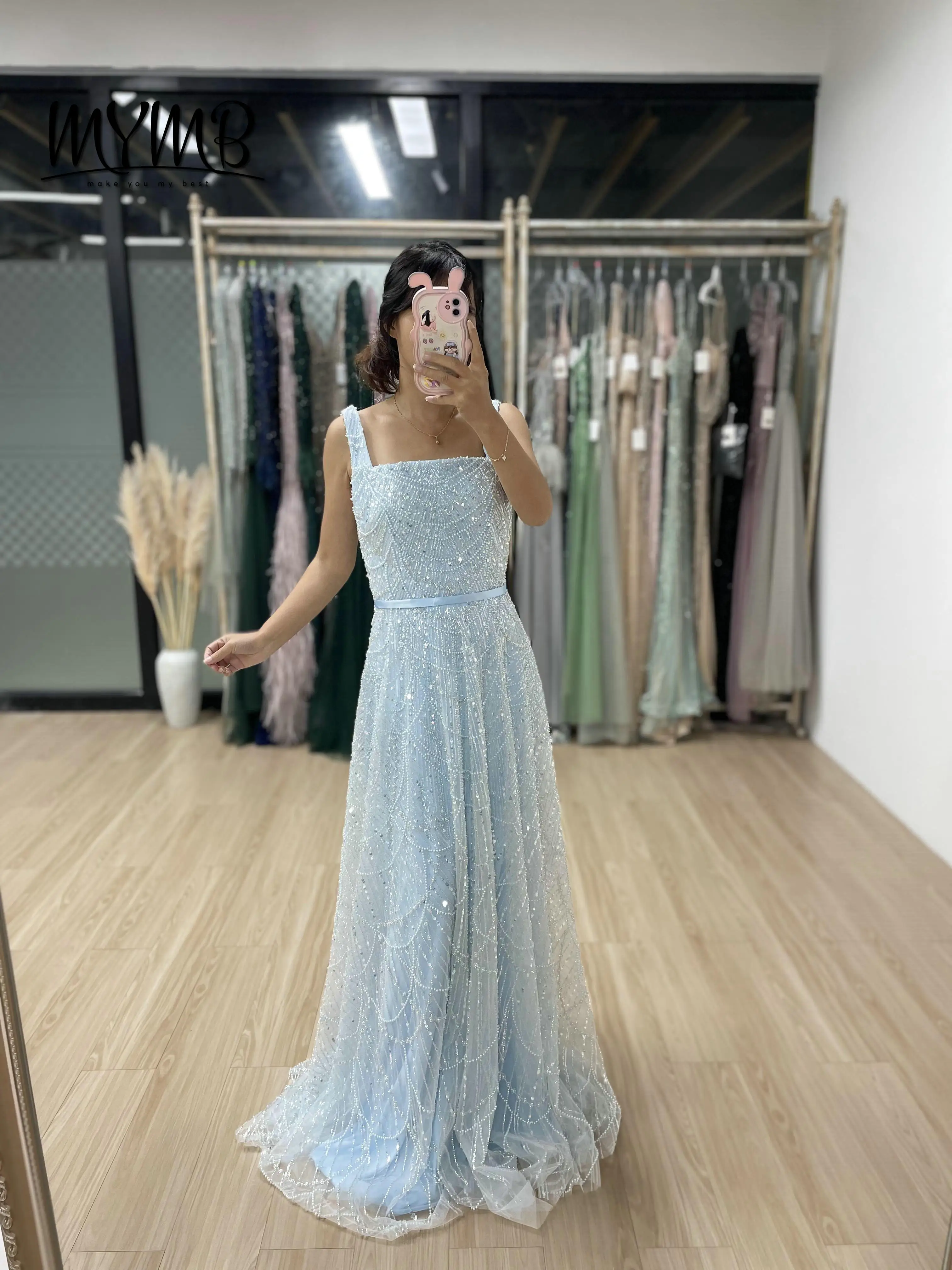 MYMB Fashionable Bule Beading Sequined A-Line Evening Gown Spaghetti Strap Sleeveless Prom Couture Dress for Women Party MY30081