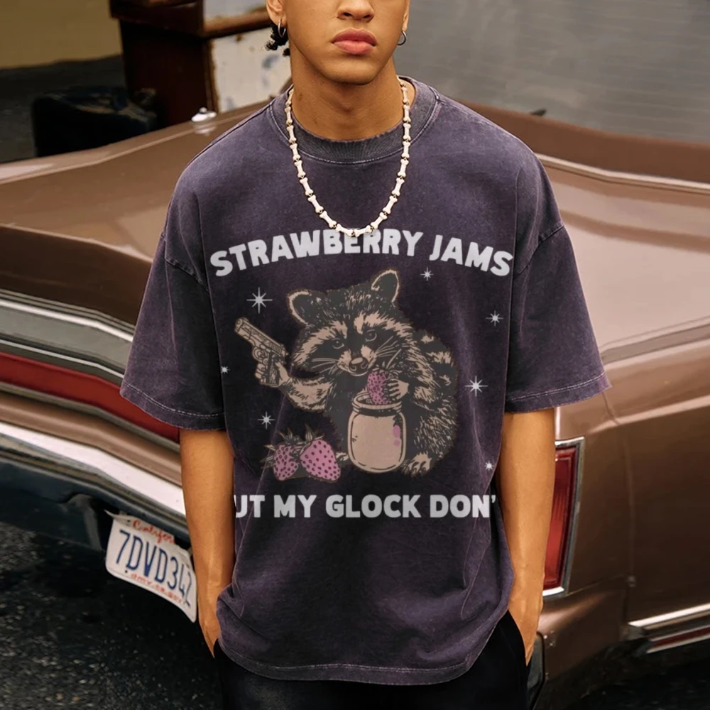 Cute Animal Print Washed Short Sleeves Plus Size T-shirt Overseas Exports European and American Harajuku Streetwear 15 Colors