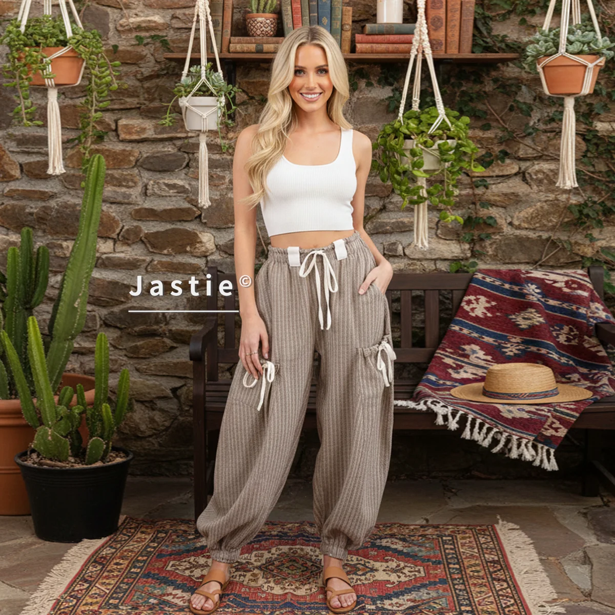 

Women's Beige Striped Balloon Pants High Waist Drawstring Ruched Cargo Pockets Loose Textured Casual Beach Boho Harem Trousers