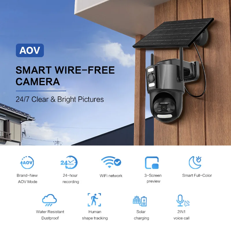 8MP iCsee APP 10x Zoom Dual Lens Solar Power PTZ IP Dome Camera AI Humanoid Detection Full Color Home Security CCTV Monitor