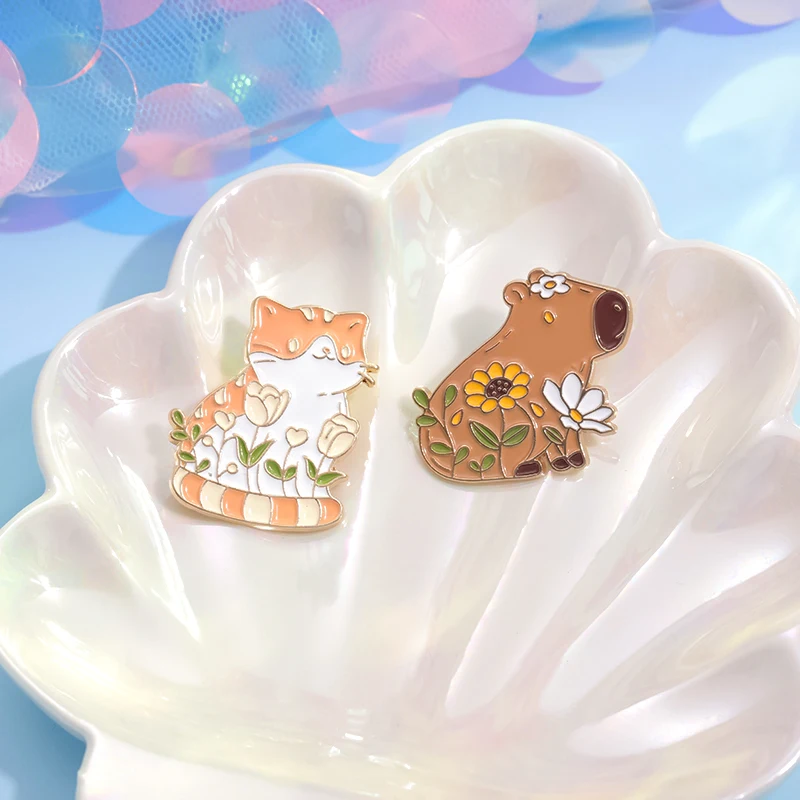 Forest Animals Enamel Pins Custom Cute Frog Capybara Turtle Brooches Lapel Badges Animal Plant Jewelry Gift for Kids Friends