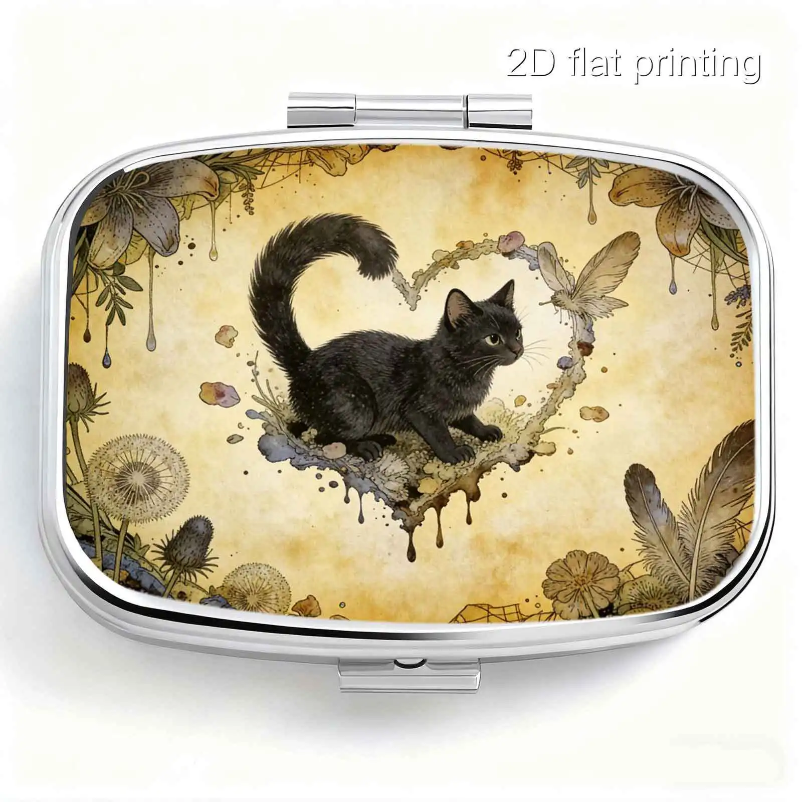 A Vintage-Style Paper Heart-Shaped Small Pill Box with Black Cat and Flower Butterfly Designs, Square Double-Compartment Small Pill Box, Portable Medicine Storage Box, Small Jewelry Storage Box, Suitable for Placing in a Pocket, Handbag, or for Travel, Holiday Gift