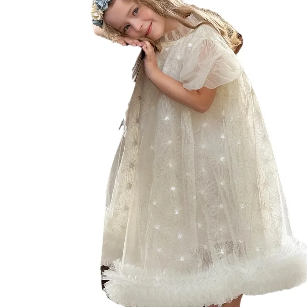 Korean Children's Clothing 2025 Spring/summer New Girls' Dress with Bubble Sleeves and Gauze Skirt Three-dimensional Hook Flower