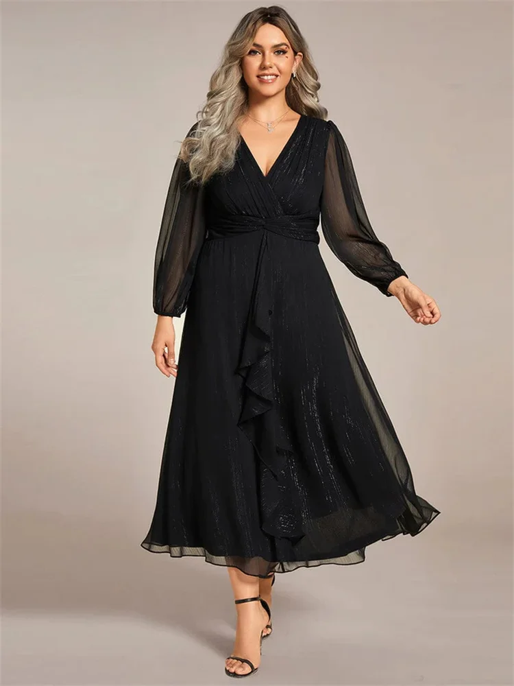 

New Arrival Plus Size Long Sleeve V-Neck Chiffon Twist Knot A-Line Evening Dress Elegant Back Zipper Sweep Train Gowns for Women