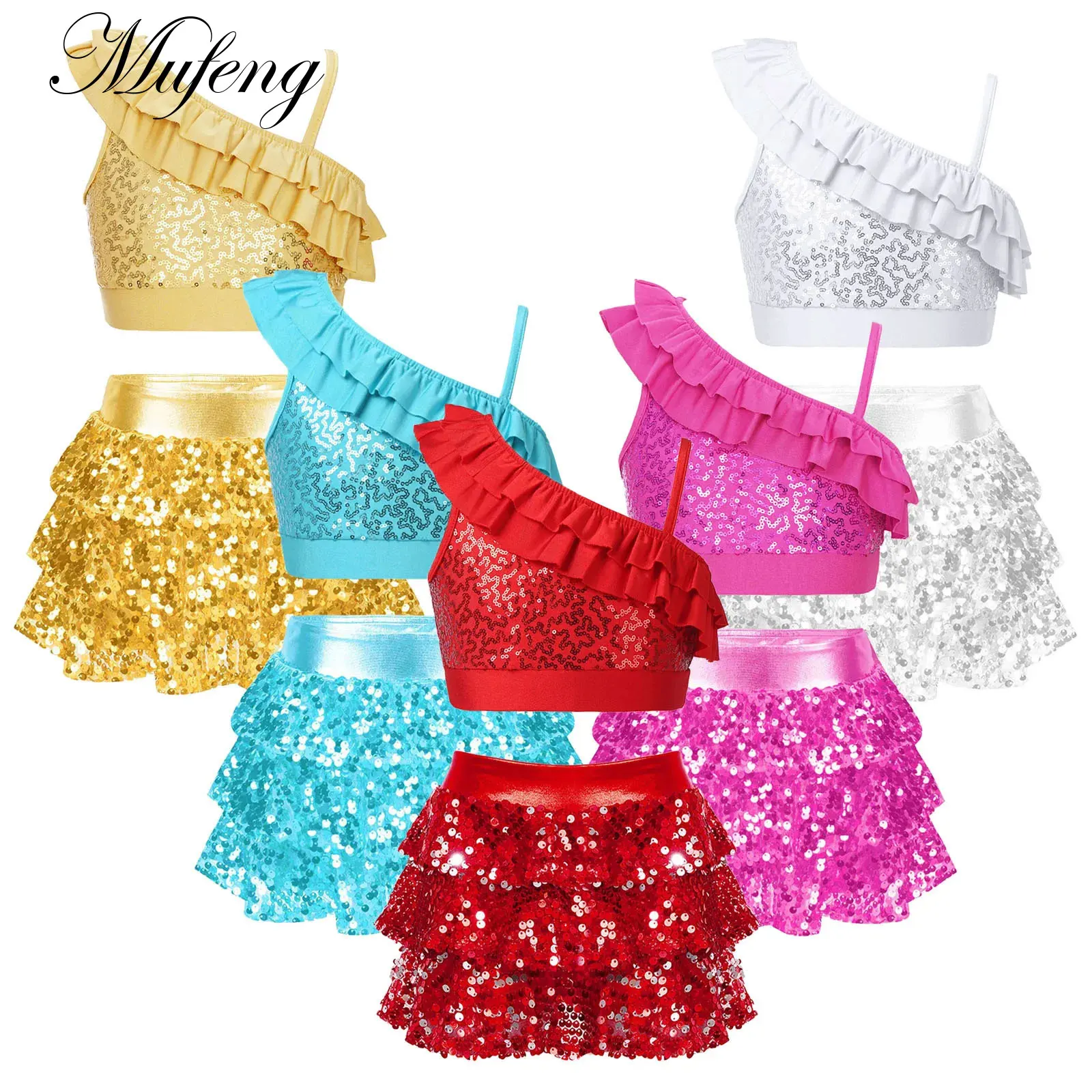 Kids Hip Hop Dance Sets Shiny Sequins Tiered Shorty Skirted Vest Girls Ballet Leotard Stage Performance Latin Jazz Dance Costume