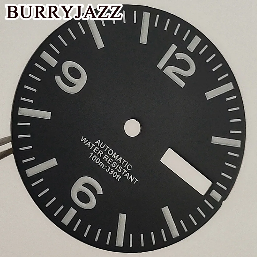 Burryjazz 29มม. ไม่มีโลโก้นาฬิกา NH36หน้าปัดสีดำสีเขียวส่องสว่างใส่ได้3นาฬิกา3.8นาฬิกาเม็ดมะยม