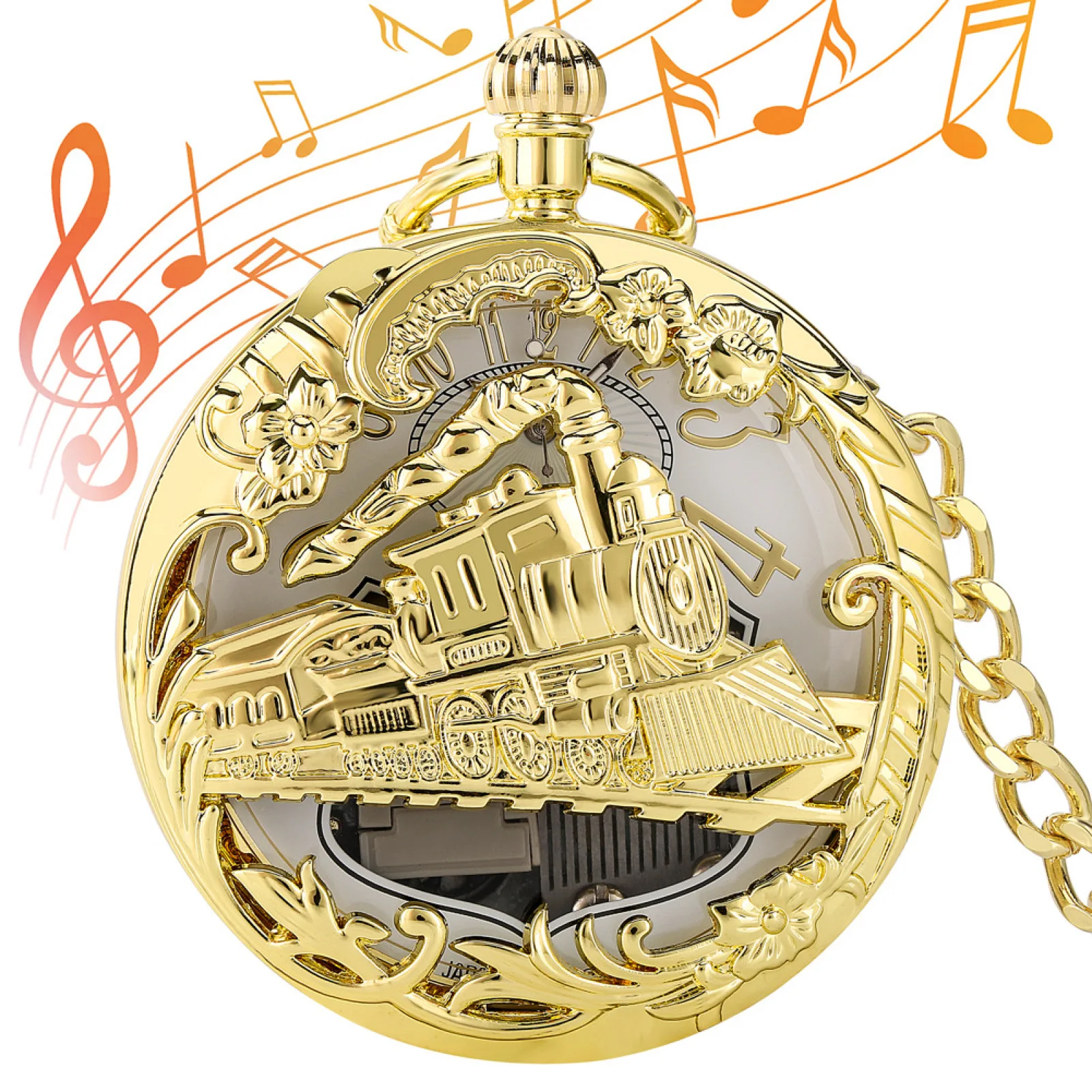 

Creative Silver Hand Crank Music Quartz Pocket Watch Fashion Playing Song the Sky City Musical Movement Fob Chain Christmas Gift