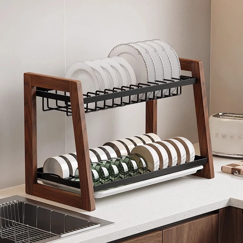 

Walnut Wood Kitchen Dish Drainer, Vintage Anti-Mold Storage Rack, Plate and Cutlery Organizer with Drain Tray for Kitchen Use