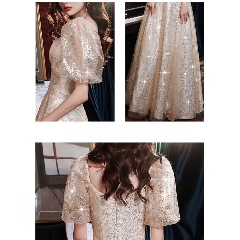 Summer New Champagne Women's Square Collar Evening Dress Fashion Grand Banquet Bridesmaid Dress Student Performance Long Dress