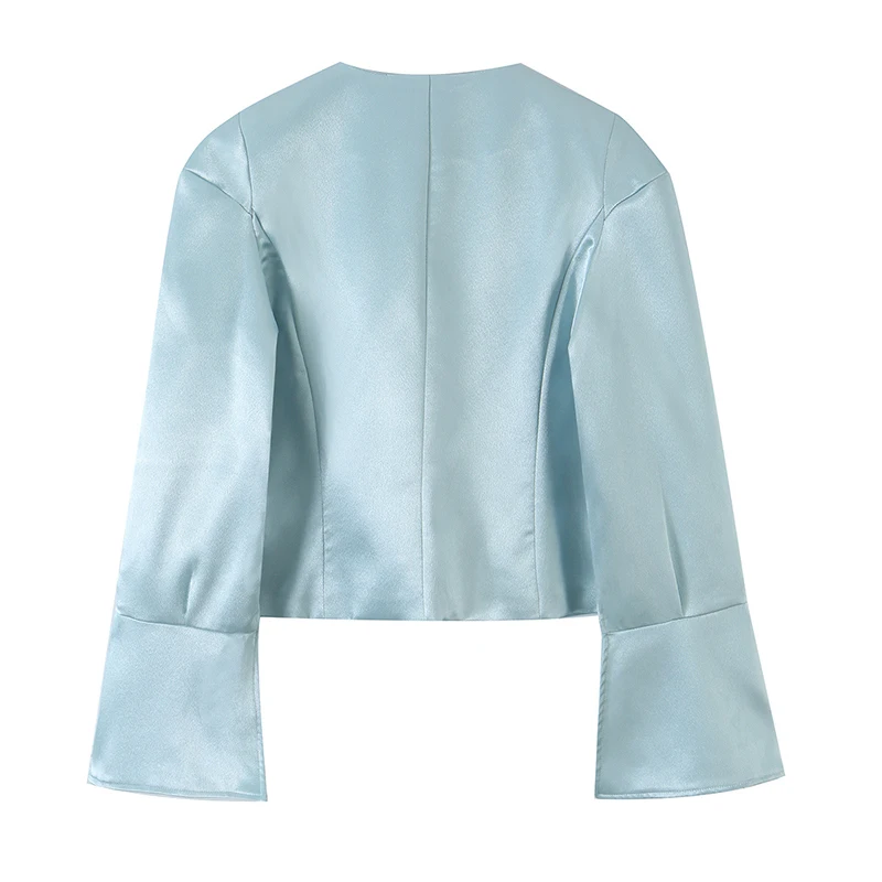 YENKYE Women Light Blue Satin Cropped Blazer V Neck Long Sleeve Split Cuff Button Front Elegant Office Suit Coat
