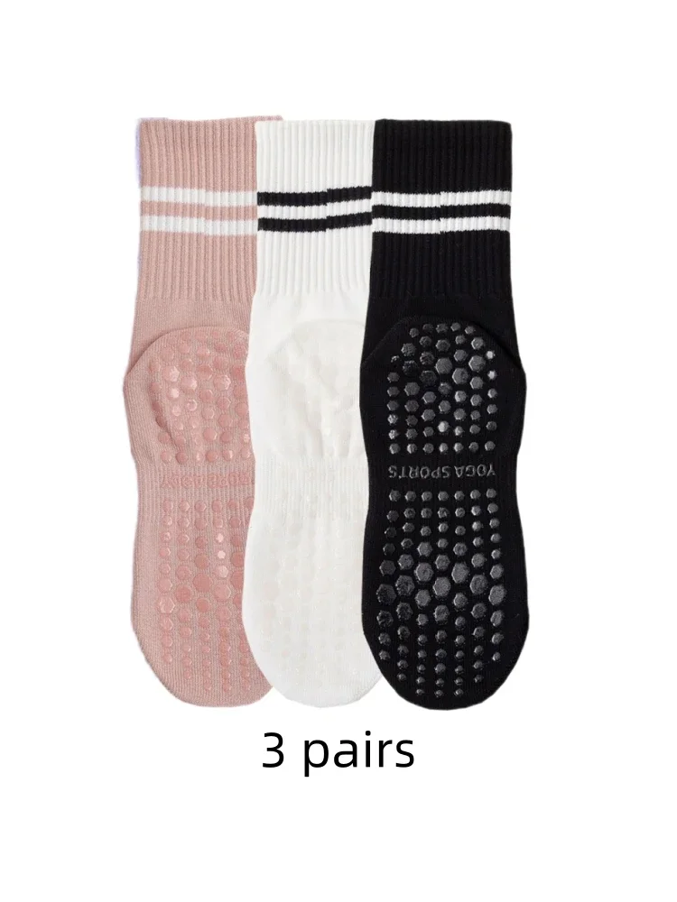 

3 pairs of yoga socks, medium length socks, pure cotton anti slip silicone indoor fitness pilates, women's sports socks wholesal