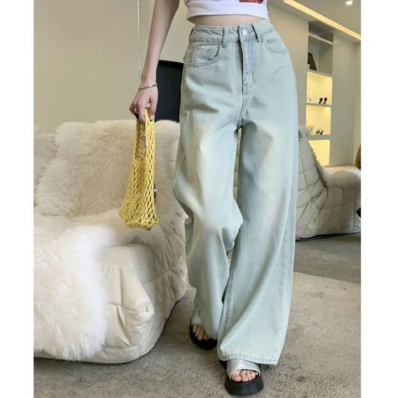 

Women Chic Korean Ins Solid Color Jeans Female High Waist Straight Leg Denim Trousers Girls Vintage Versatile Thin Pants