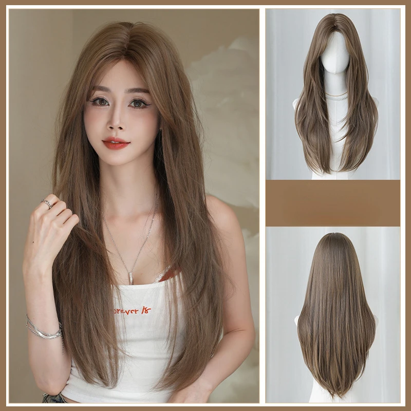 

Long Silky Straight Synthetic Wigs with Bangs Mint tea brown Cosplay Party Lolita Hair Wig for Women Natural Heat Resistant Wig