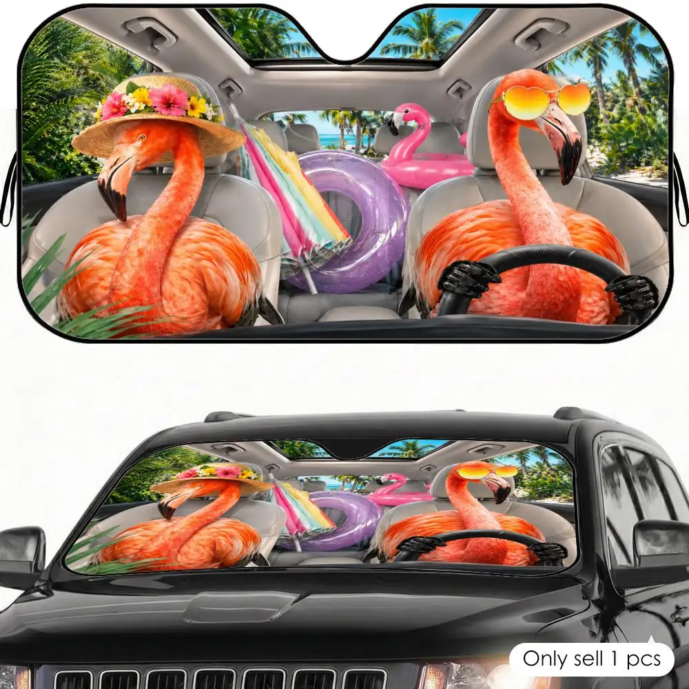 Flamingo Beach Road Trip Sun Visor Foil Windshield Sunshades UV Protector & Heat Shield Car Front Window Foldable