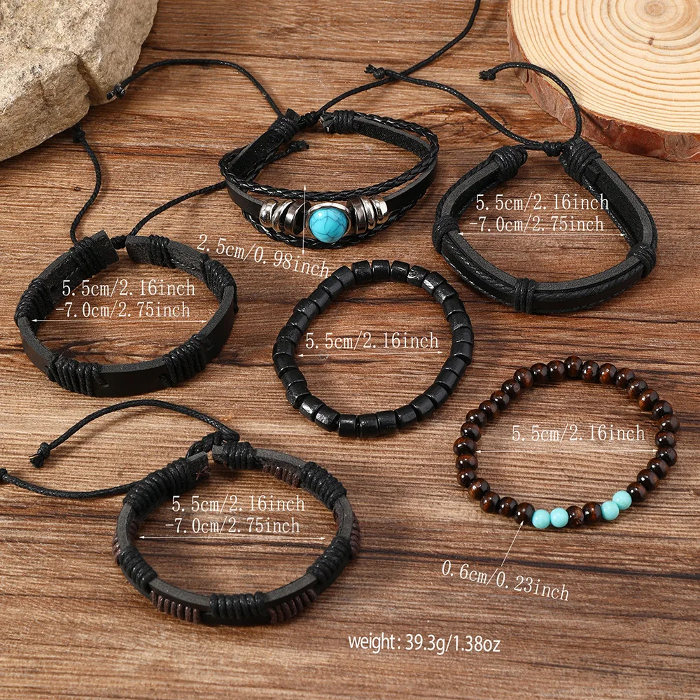 Vintage Ethnic Style braided Leather Men’s Bracelets Lace-Up Turquoise Wooden Bead Bracelet Set Gifts For Friend