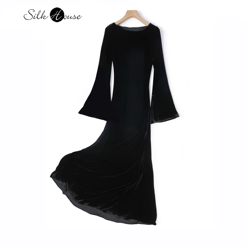 Slant Cut Light Luxury Black French 30% Natural Mulberry Silk Velvet Long Sleeved One Neck Women's Party Evening Dress