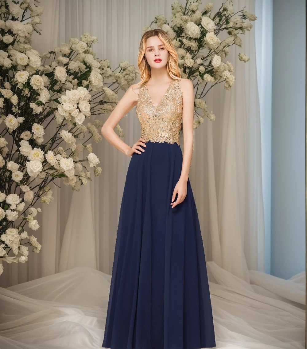 

Роскошные вечерние платья Платье для выпускного вечера Золотые кружевные аппликации Холтер с v-образным вырезом Иллюзия с открытой спиной Шифон трапециевидной формы Вечерние платья