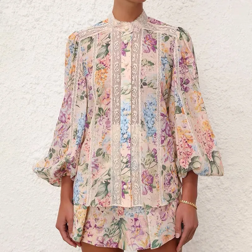 

Australian Heavyweight Design Lace Print Patchwork Single Button irt Belted orts Two Piece Set Faionable Women's Ensemble