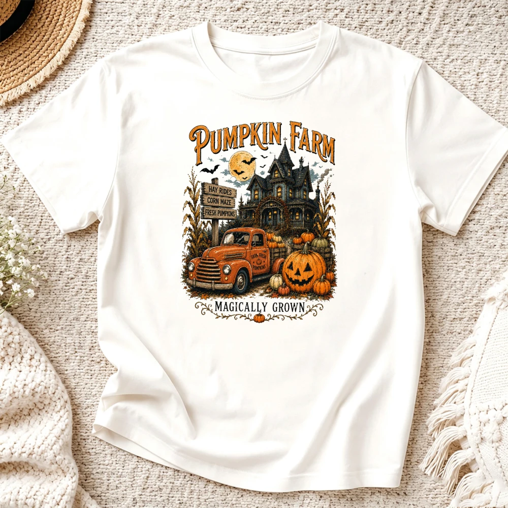 Pumpkin Farm Magically Grown Retro Fall Pumpkin Farm Old Truck Haunted House Print Cottagecore Unisex Short Sleeve T‑Shirt