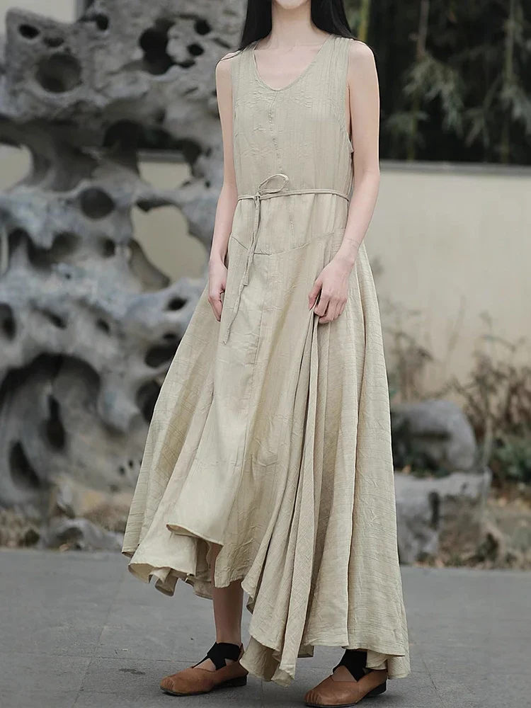 Women Casual A-line Dress New Arrival 2025 Summer Vintage Style V-neck Plain Color Loose Female Holiday Long Dresses
