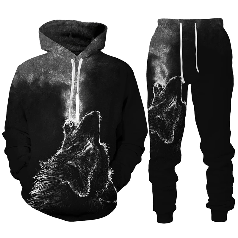 Homens e mulheres 3D Dazzle Wolf Print conjunto de treino, moletom com capuz e calças extragrandes, pulôver casual, streetwear Hip Hop, conjuntos