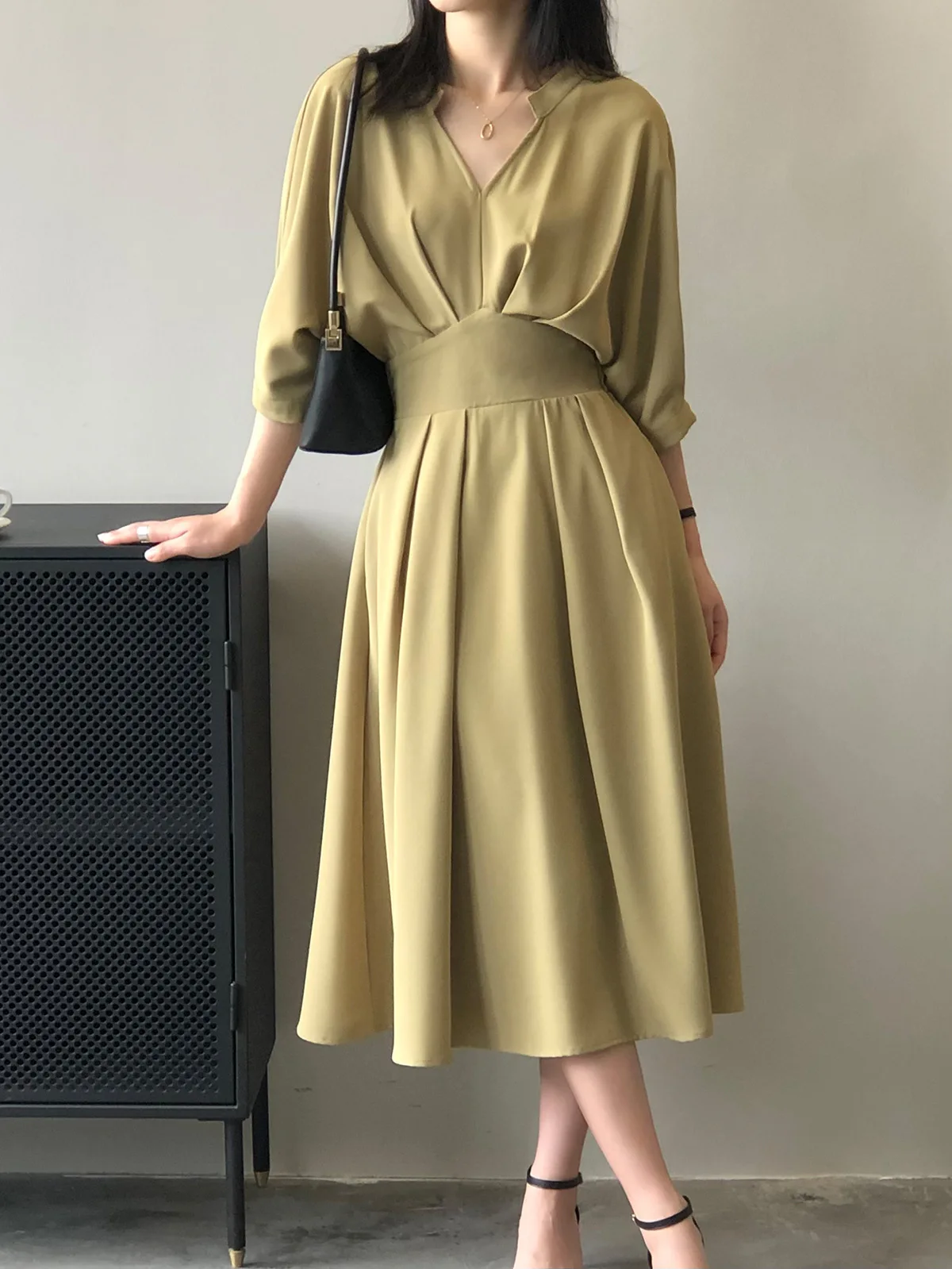 

2023 Spring Summer Dress Women Vintage Elegant Solid Party Dress Vestidos Femme V-Neck High Waist A-Line Long Dress Streetwear