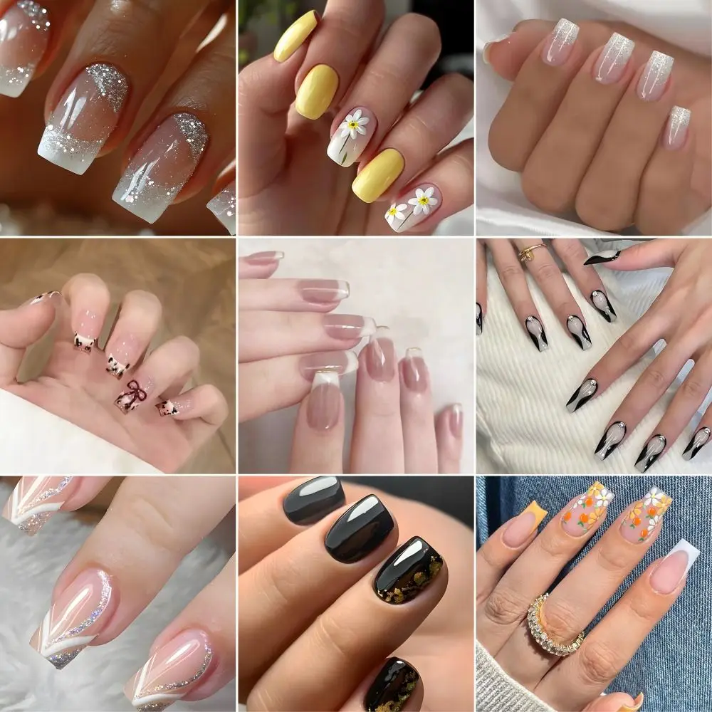 24PCS/BOX Line Rhinrhinos False Nail Gold Tinfoil Gradient Glitter Fake Nail with Jelly Stickers Full Cover Nail Tips