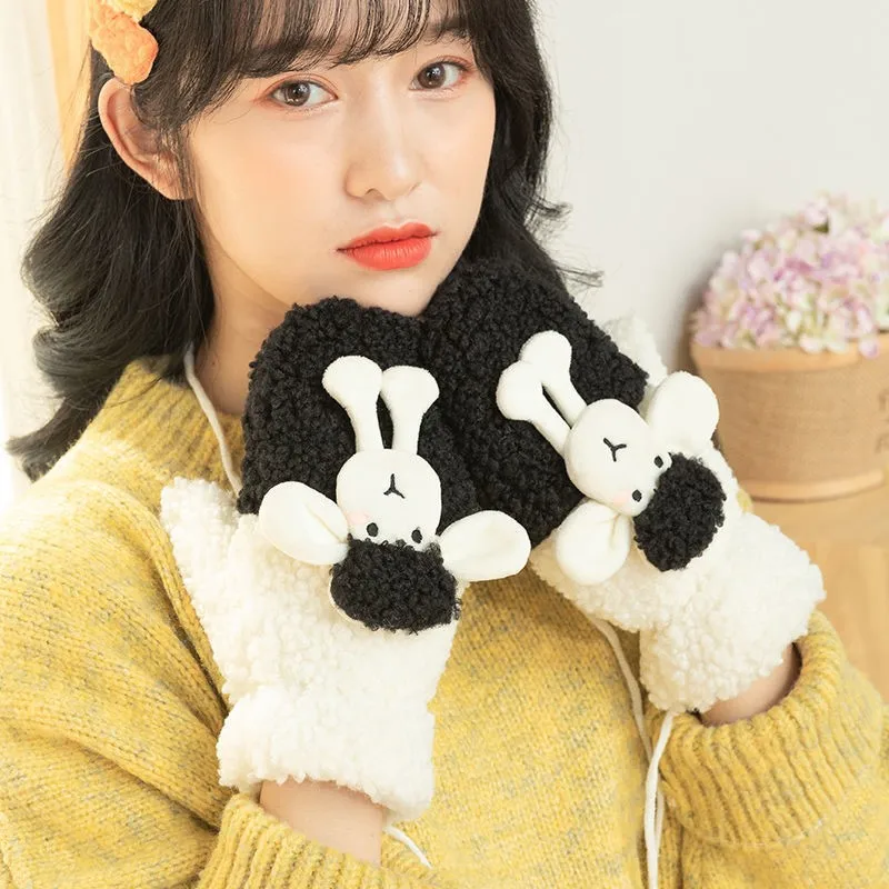 Autumn Winter Gloves Women Cute Lamb Lined With Plush Girl Gloves Finger Plush Fashion Thick Funny Solid Color White Simple Soft