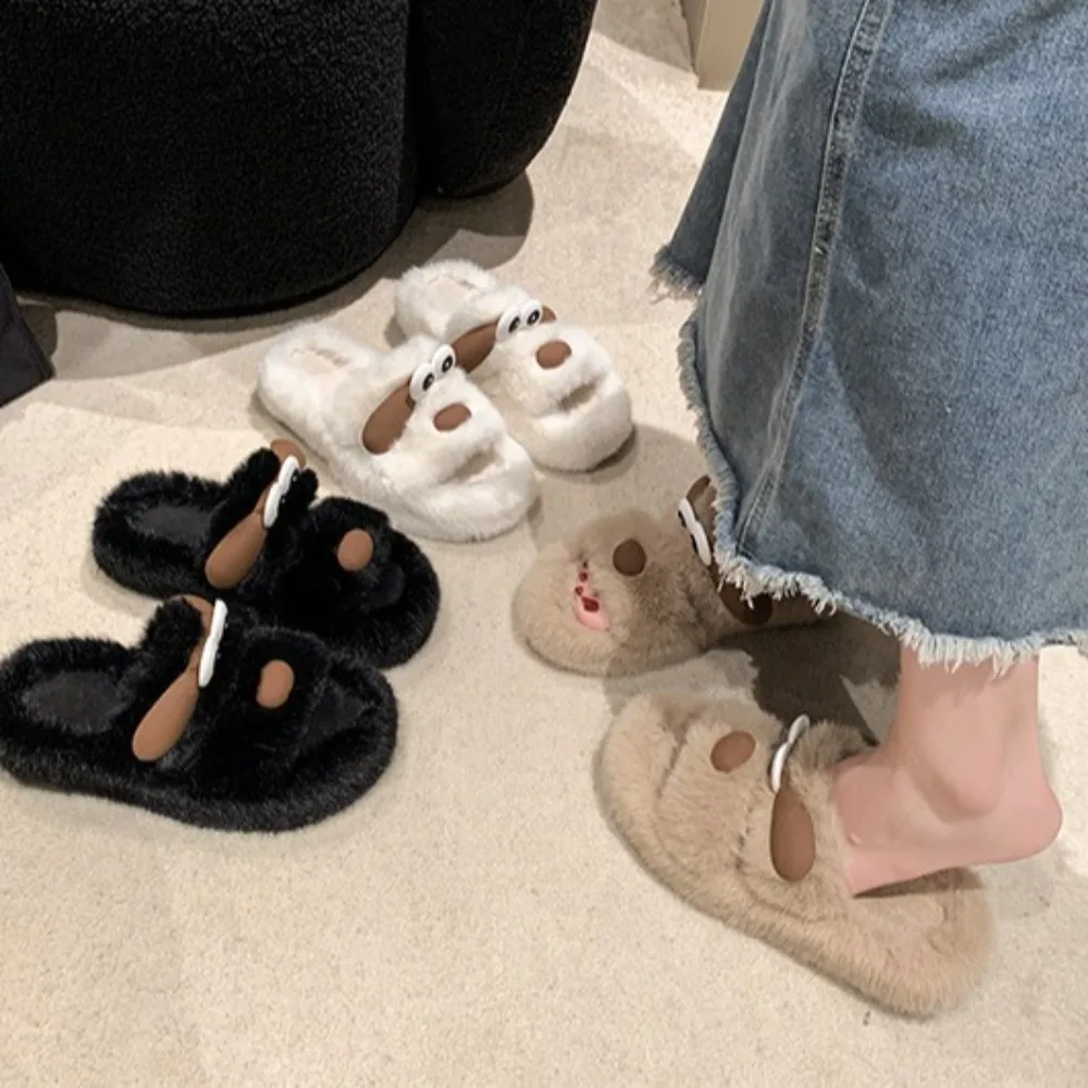 Fashion Cartoon Plush Dog Slippers Anti Slip Open-toe Fur Flat Slippers Thick Homewear Slippers Women Winter