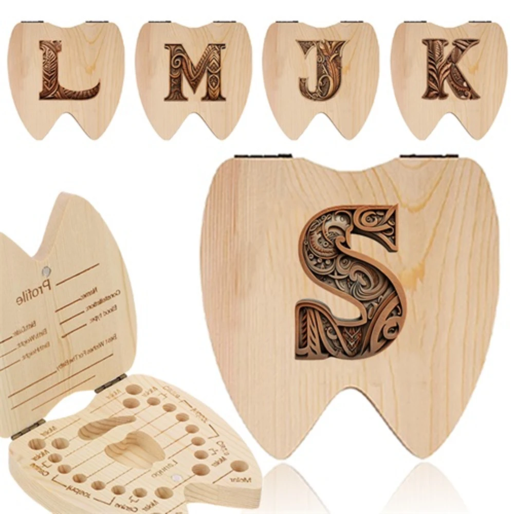 Children Wooden Tooth Box Milk Teeth Organizer Collect Teeth Umbilica Save Durable Gift Kid Tooth Box Wood Art Letter Patter