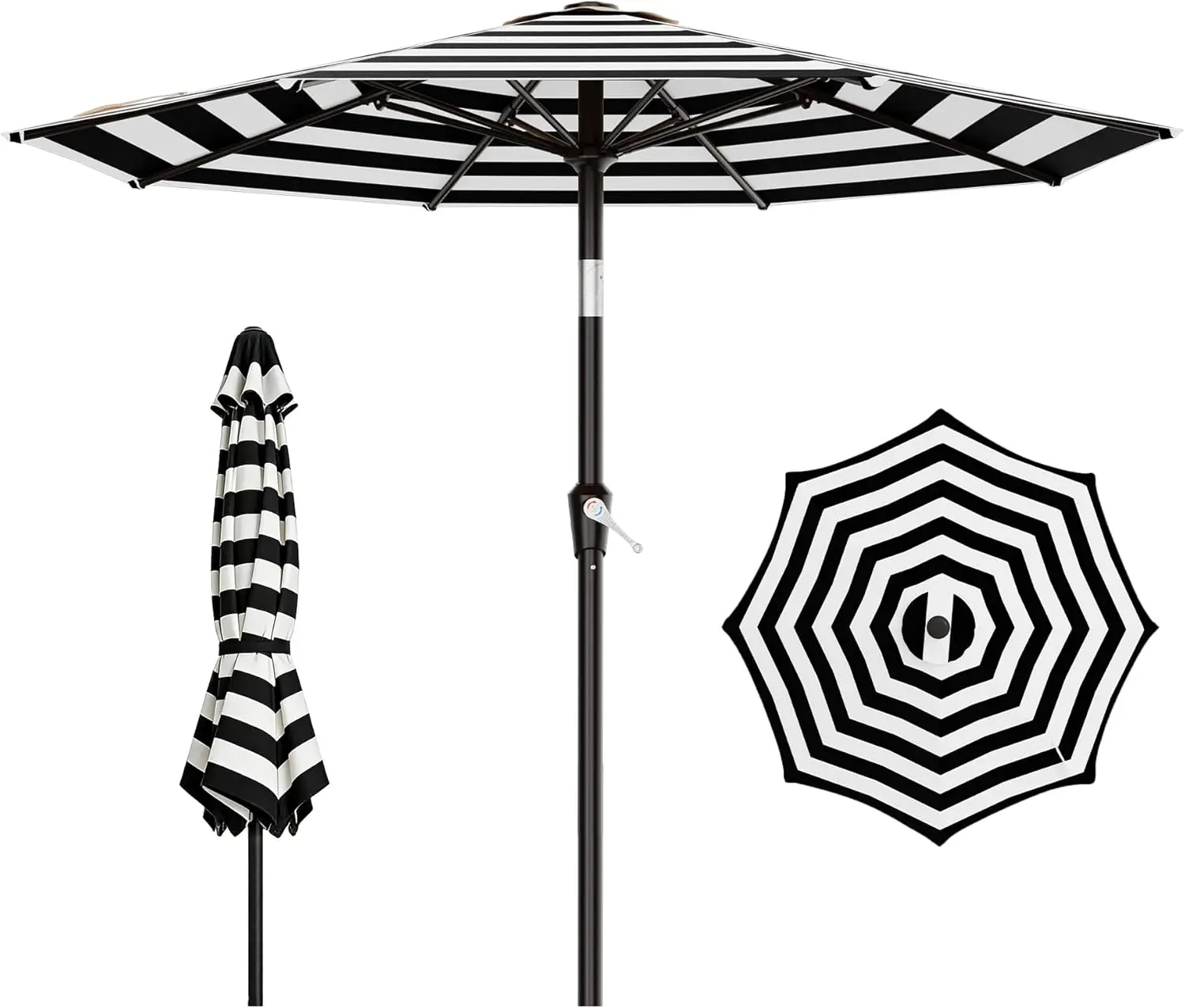 

9 FT Outdoor Patio Umbrella with Push Button Tilt and Crank, 8 Sturdy Ribs for Garden, Pool, Black & White Stripe