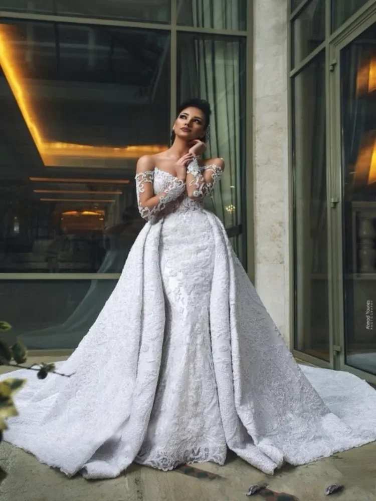 Customized Sparkly Appliques Beads  Wedding Dress Vestidos Noivas Off the Shoulder  Luxury Bridal Gowns with Removable Skirt