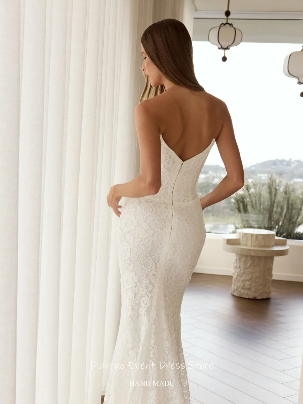 Dianruo No Veil Backless Chic Wedding Dresses Ruched Lace Vestido Femininos Longo Appliqués Mermaid Robe De Mariée Customized