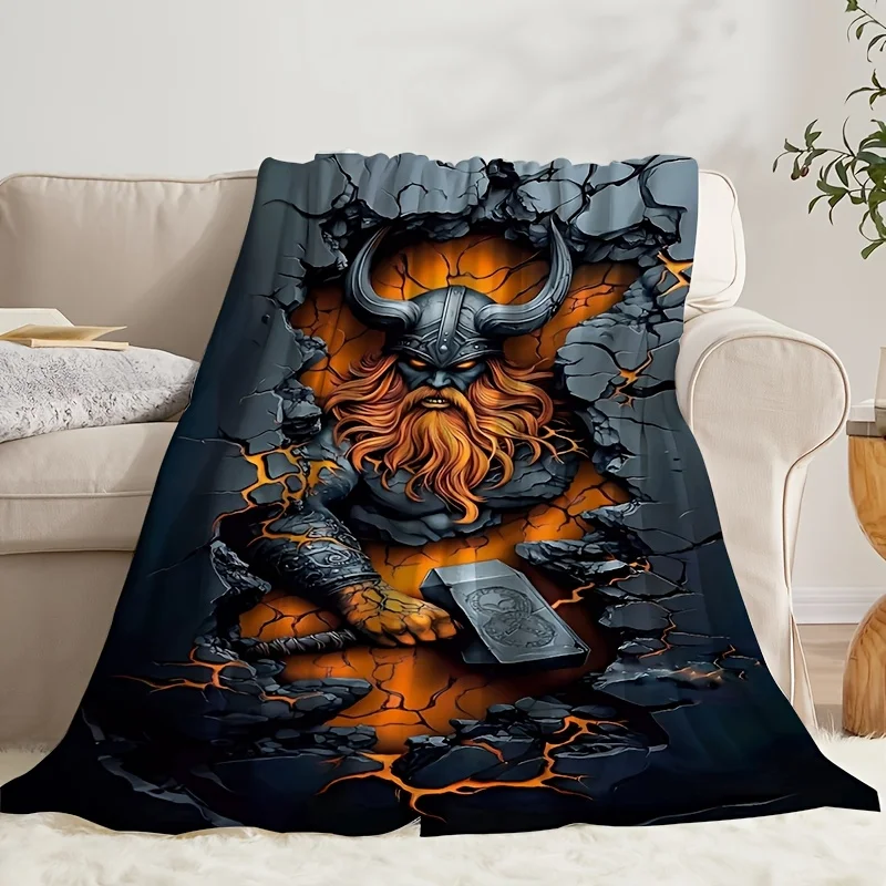 Viking Warrior Flannel Blanket Soft Cozy Throw Blanket Cracked Lava Viking Thor Print Bed Sofa Cover Nordic Mythology Home Decor