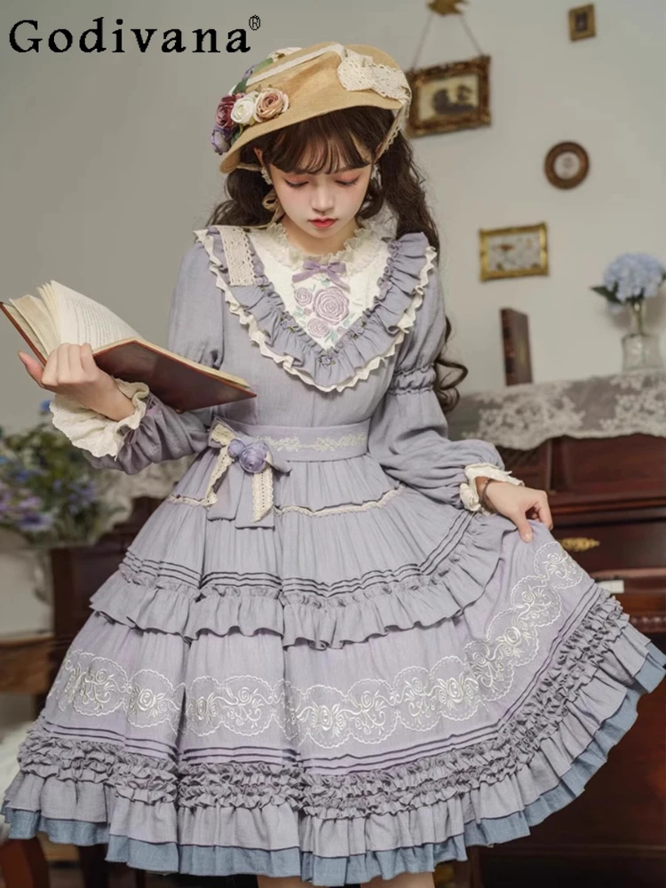 

Large Size Lolita Elegant Ruffles Lace Peter Pan Collar Sweet Princess Dress Spring Autumn High Waist Long Sleeve Fairy Dresses