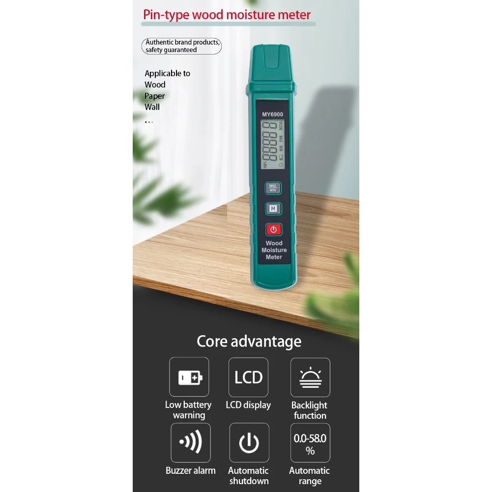 Digital Moisture Meter MY6900 for Construction and Renovation Work 0.0-58.0% Range Backlight Data Hold Function