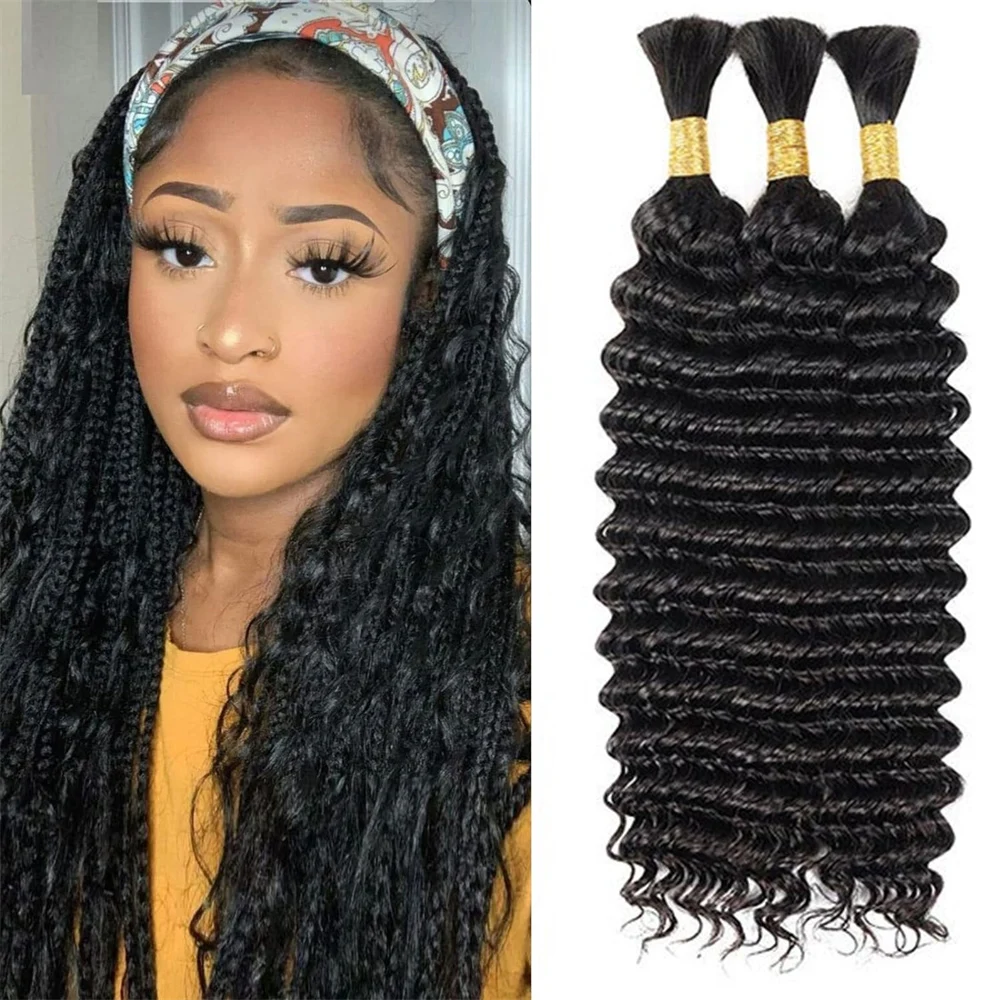 Human Braiding Hair for Boho Braids Natural Color 24Inch Deep Wave Bulk Human Hair for Braiding No Weft Human Hair Bundles